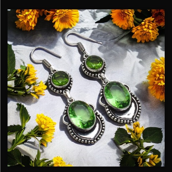 Peridot Handcrafted Drop Dangle Hook Style Earrings 2.4" Long Made In India New - Picture 4 of 16